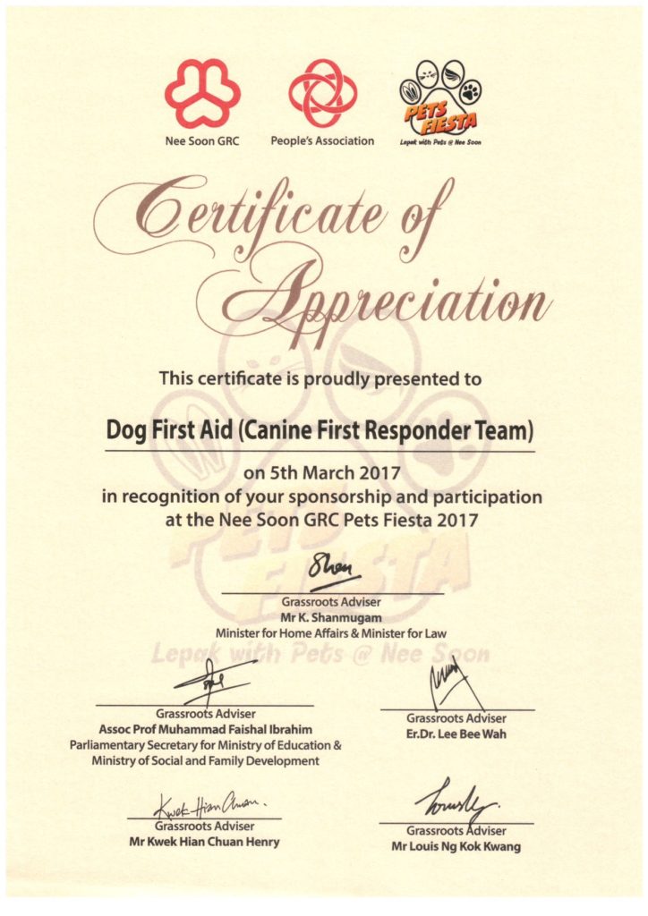Certificate of Appreciation to Dog First Aid (Canine First Responder Team) for the Nee Soon GRC Pets Fiesta 2017